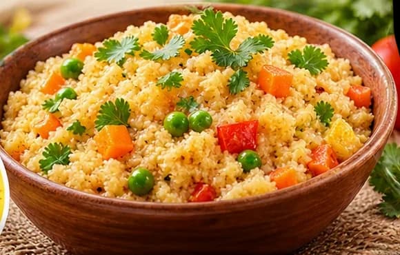 A bowl of vegetable daliya with peas and carrots